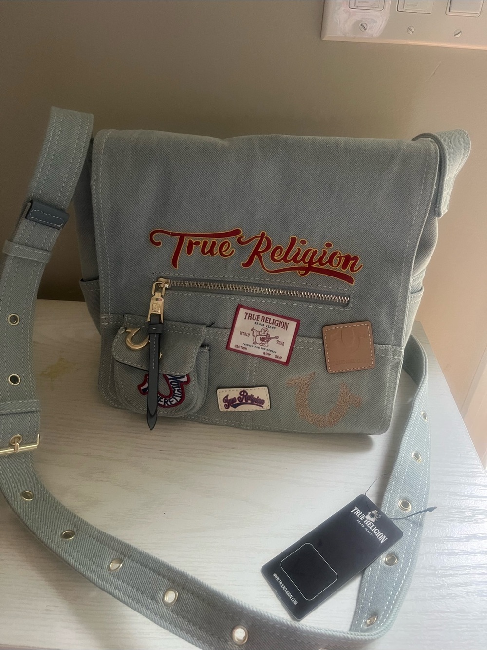 True Religion Light GrayCanvas Messenger Bag with Embroidered Logo - Picture 2 of 10